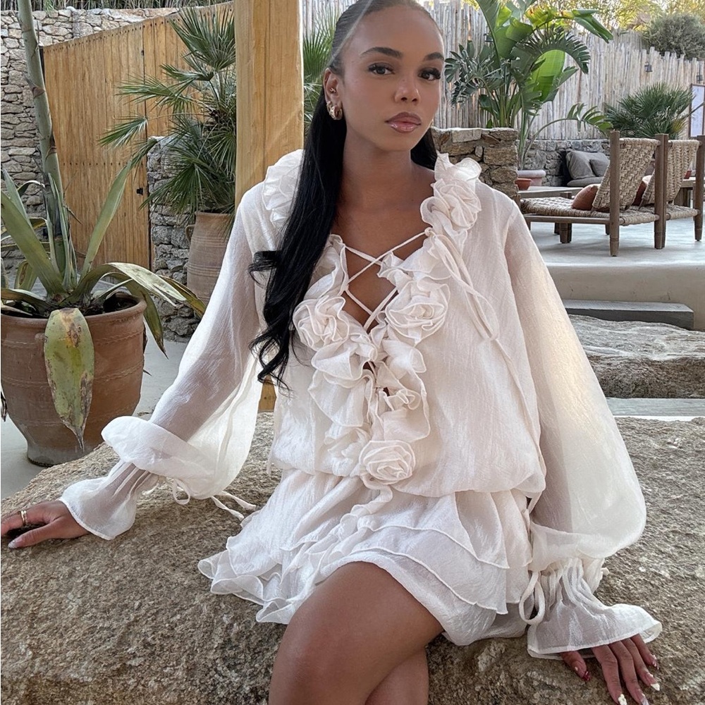 Elegant Cream Ruffled Dress/shorts set